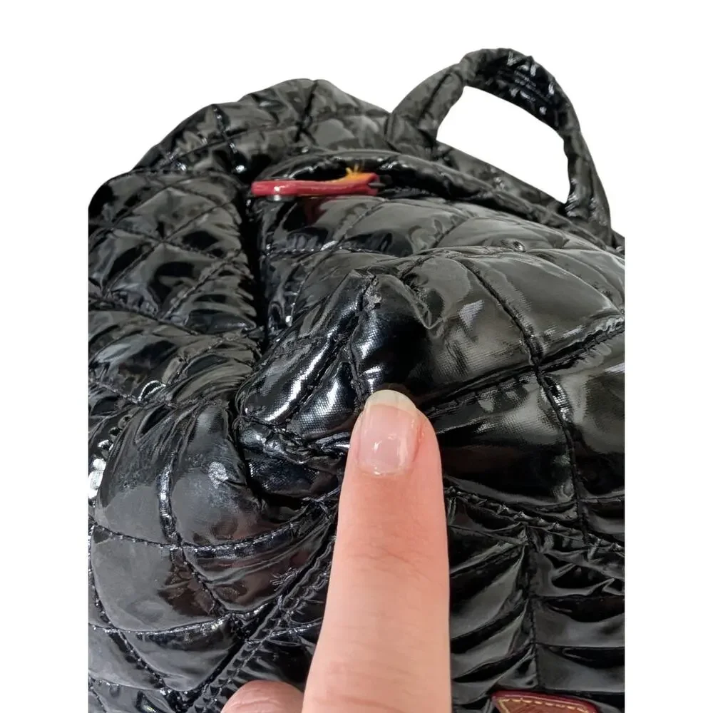 MZ Wallace Black Lacquer Quilted Metro Top Handle Patent Backpack Medium